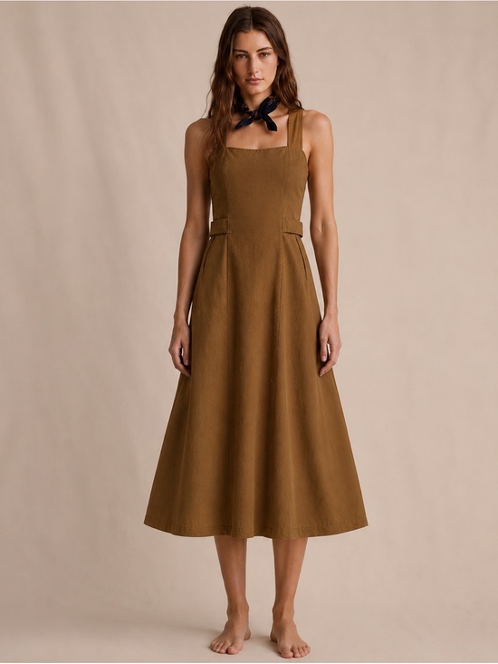 Dresses & Skirts - Square-Neck Midi Dress in Warm Brown